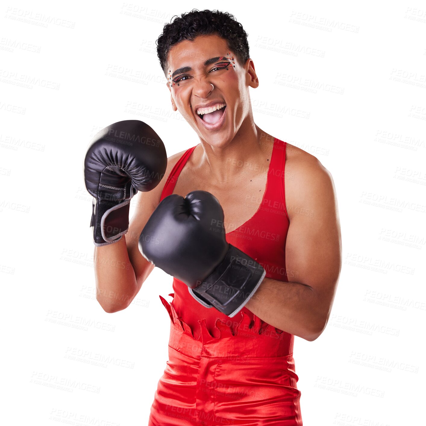 Buy stock photo Portrait, exercise and gloves with a transgender boxer isolated on a transparent background for a fight. Fitness, sports and boxing with an lgbt athlete on PNG for health, wellness or training