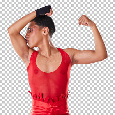 Buy stock photo Man, kiss arm muscle with wrestling and makeup, punk costume and lgbt aesthetic isolated on png transparent background. Bodybuilder, gen z and fitness with strong body, self love and gay athlete