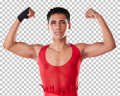 Buy stock photo Strong, portrait and gay man with arms for boxing isolated, transparent or png background with muscle, power or flexing. Strength, training and lgbt fighter show healthy body for a fight or sports