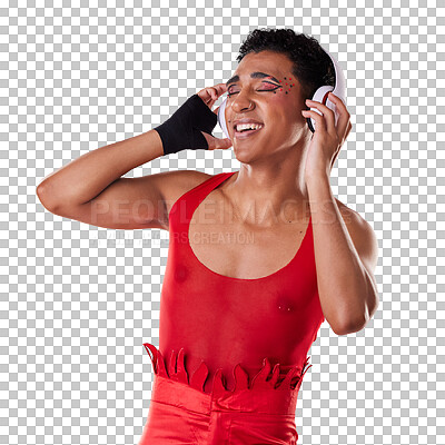 Buy stock photo Music, dance and fashion of a transgender person isolated on a transparent background for audio streaming. Smile, radio or headphones and a happy young lgbt or gay adult on PNG to relax with sound