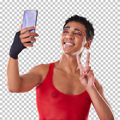 Buy stock photo Selfie, happy lgbt man and peace isolated on a transparent png background. Dramatic makeup, social media update and gen z fashion model for gay community, influencer and smartphone emoji sign post