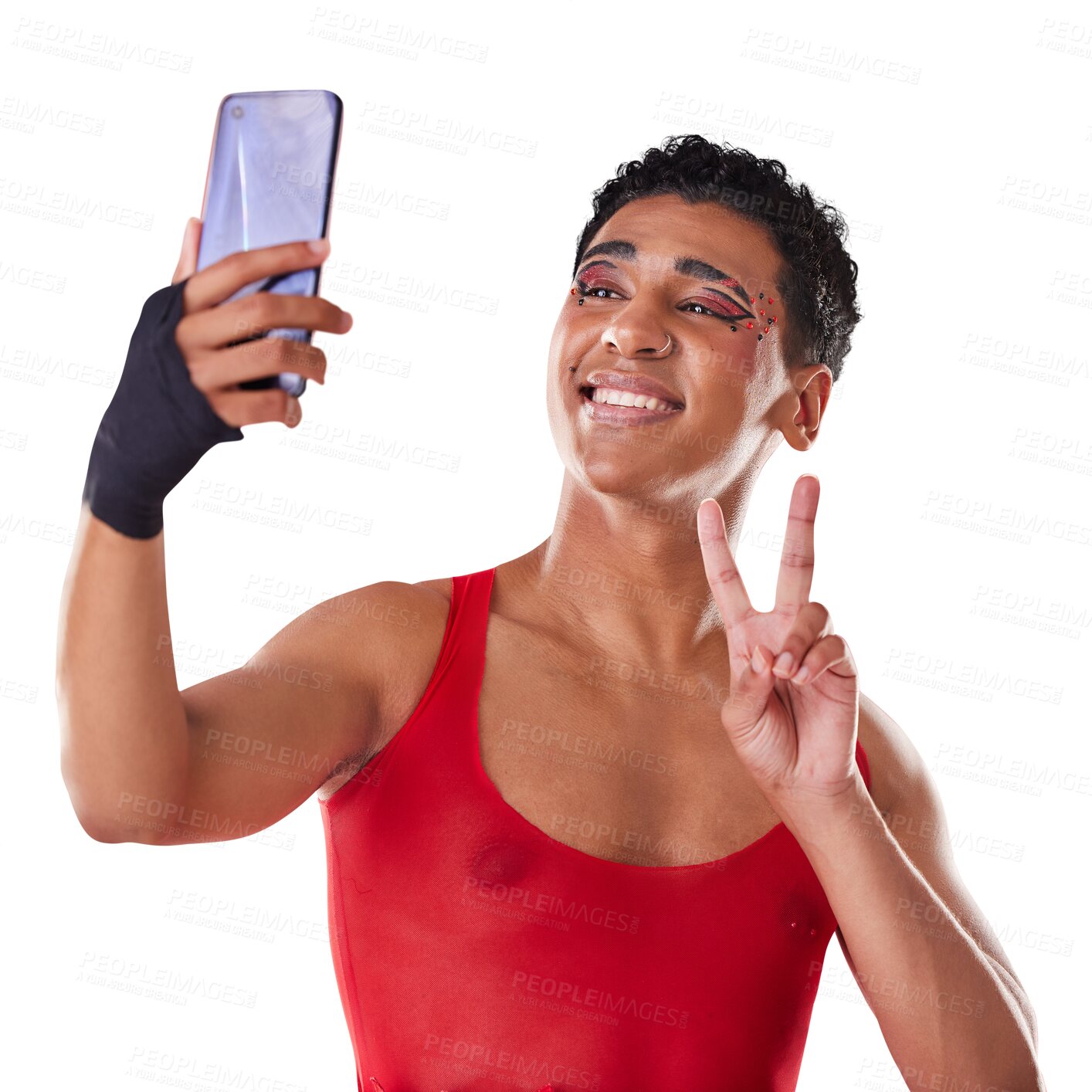 Buy stock photo Selfie, happy lgbt man and peace isolated on a transparent png background. Dramatic makeup, social media update and gen z fashion model for gay community, influencer and smartphone emoji sign post