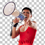 Anger, gay and portrait of a man with a megaphone isolated on a red background in a studio. Decision, freedom and person shouting and talking into a speaker while pointing with choice on a backdrop