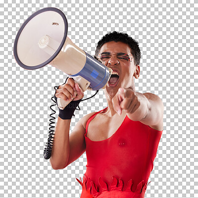 Buy stock photo Angry, protest and portrait of gay man with a megaphone on isolated, transparent or png background and shouting voice. Speaker, yelling and pointing hand at you for decision, action  and solidarity