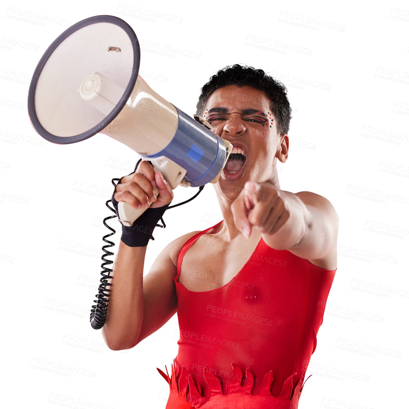 Buy stock photo Angry, protest and portrait of gay man with a megaphone on isolated, transparent or png background and shouting voice. Speaker, yelling and pointing hand at you for decision, action  and solidarity