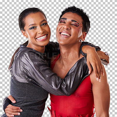 Buy stock photo Friends, hug and portrait with smile or fashion and lgbt man isolated on transparent png background. People, edgy and embracing in creative art or makeup, freedom and cosmetics or aesthetic style
