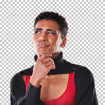 Buy stock photo Thinking, beauty and gay man with makeup face and cool, funky or trendy fashion outfit. Young, cosmetic and lgbtq model from Mexico for idea, decision or doubt isolated by transparent png background.
