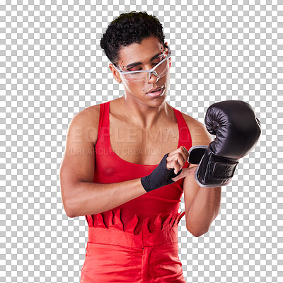 Buy stock photo Fitness, gloves and getting ready with a transgender boxer isolated on a transparent background for training. Exercise, sports and boxing with an lgbt athlete on PNG for health, wellness or a fight