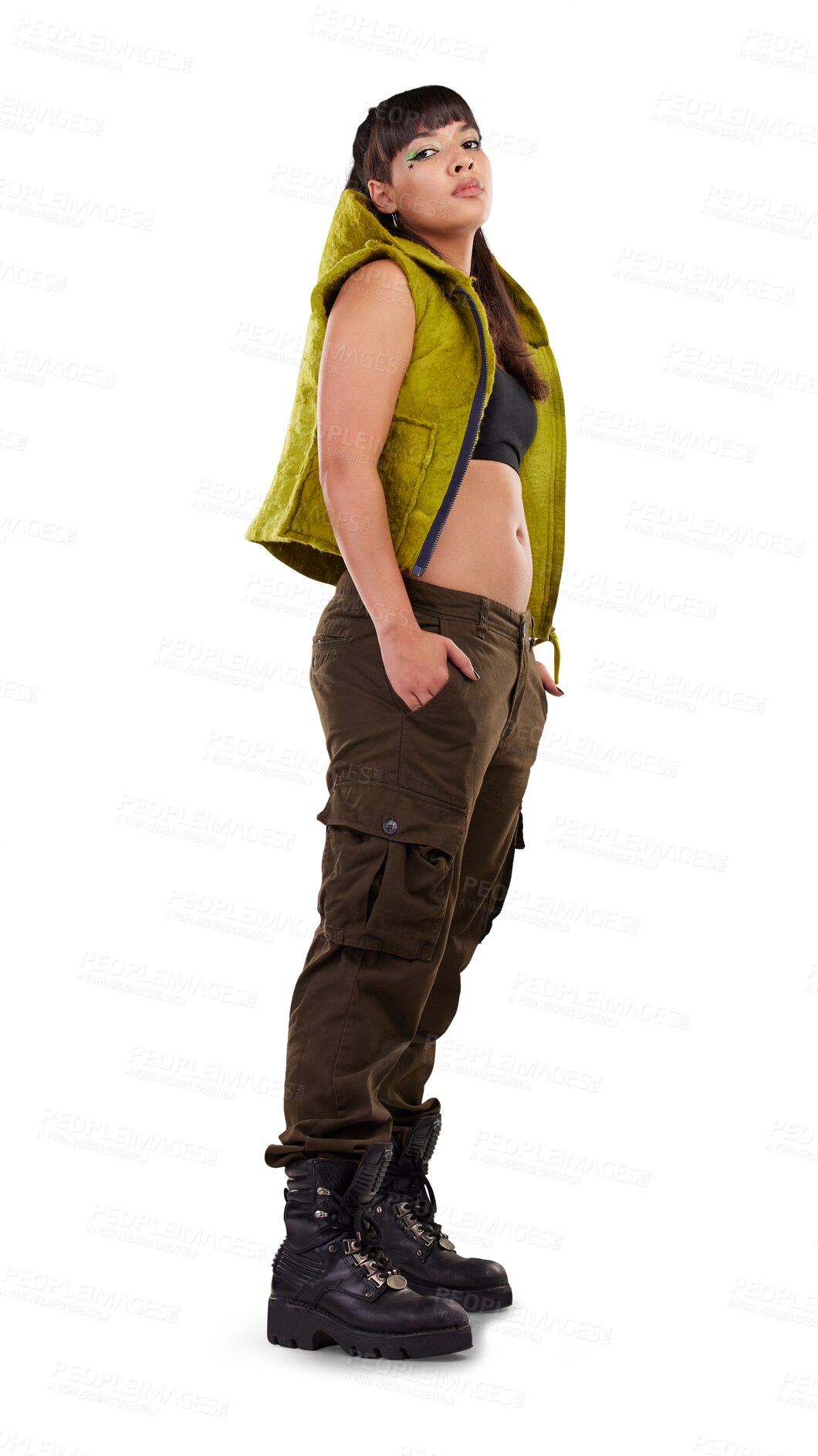 Buy stock photo Fashion, portrait and woman with attitude in studio, confident and fierce on png transparent background. Full body, gen z and girl with punk and trendy aesthetic with unique and fashionable outfit