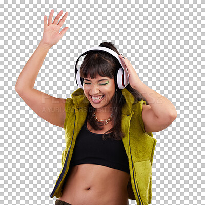 Buy stock photo Woman, headphones and dancing while listening to music, isolated on a transparent png background and celebrating. Happy, trendy edgy outfit and skin with bold makeup, smiling and hands in the air