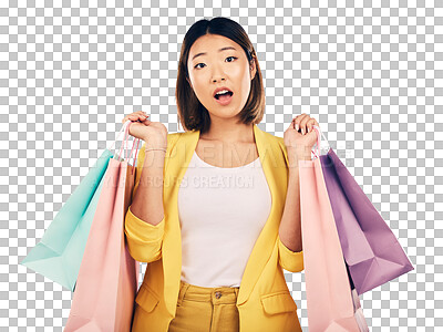 Buy stock photo Shopping, bag and portrait of Asian woman with surprise for fashion discount, deal and sale. Retail, shock and person with clothing, cosmetics or present on isolated, png and transparent background