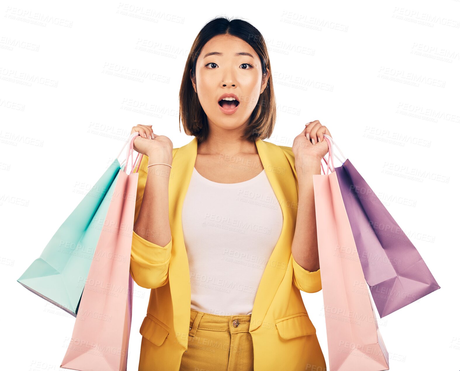 Buy stock photo Shopping, bag and portrait of Asian woman with shock for fashion discount, deal and sale. Retail, surprise and person with clothing, cosmetics or present on isolated, png and transparent background