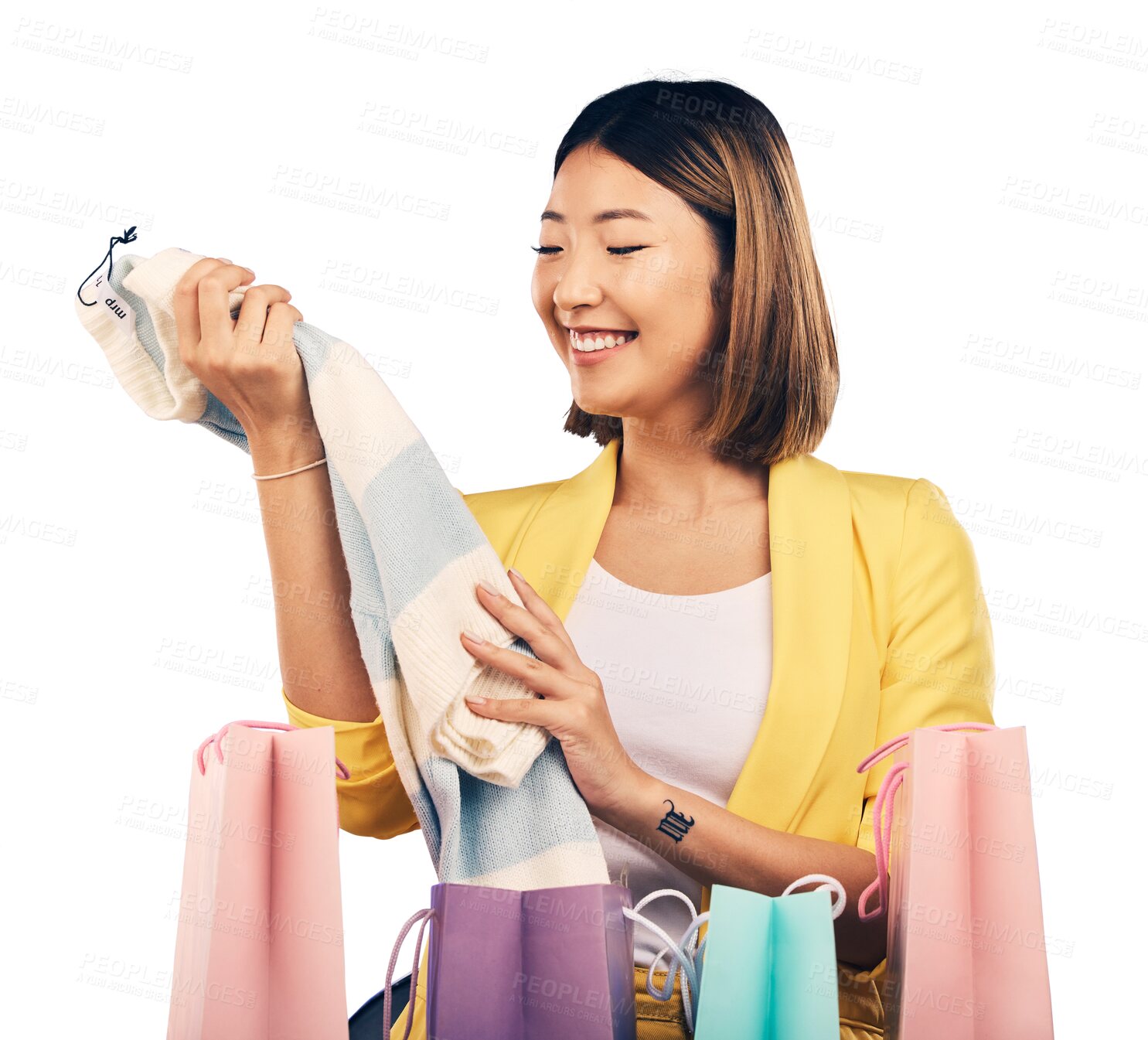 Buy stock photo Clothes, shopping bag and woman or customer with product sale, discount or promotion isolated on transparent png background. Happy, asian and person with fashion choice, retail and unboxing gift