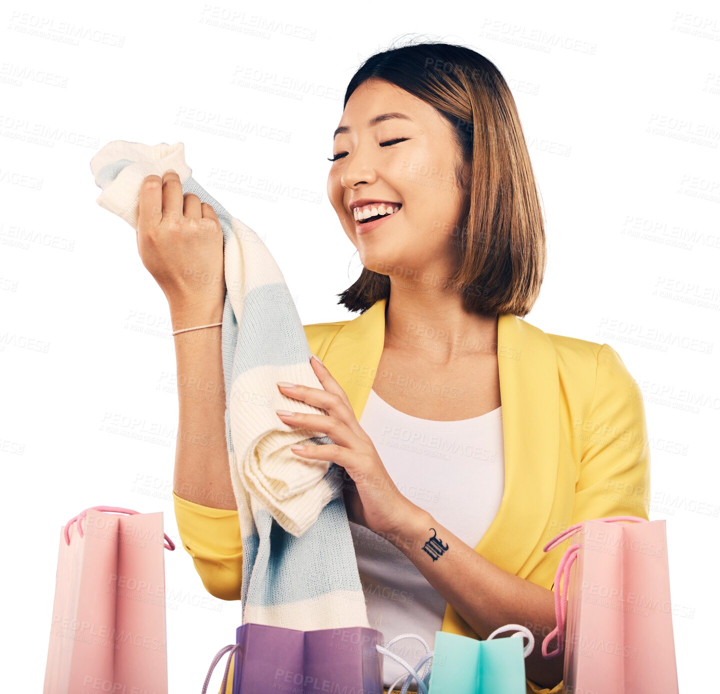 Buy stock photo Clothes, shopping bags and happy woman with sale, discount and promotion, savings and fashion. Asian girl, buying gifts or feel texture with smile, retail and isolated on transparent png background