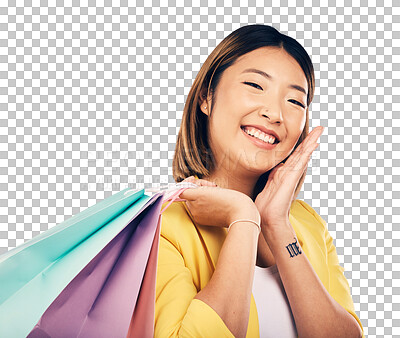 Buy stock photo Shopping bag, fashion and portrait of Asian woman with gift for discount, deal and sale offer. Retail, happy and person with clothing, cosmetics or present on isolated, png and transparent background