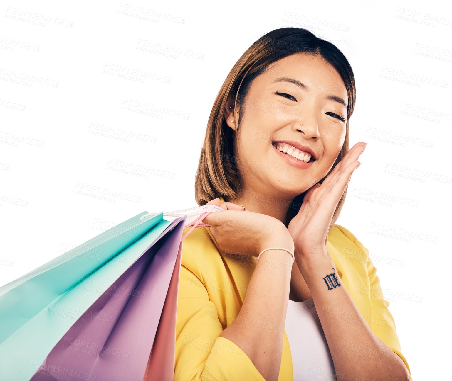 Buy stock photo Shopping bag, fashion and portrait of Asian woman with gift for discount, deal and sale offer. Retail, happy and person with clothing, cosmetics or present on isolated, png and transparent background