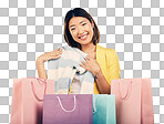 Shopping bag, portrait and woman for clothes sale, discount or g