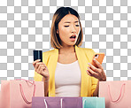 Credit card, phone and woman stress, surprise or shocked for onl