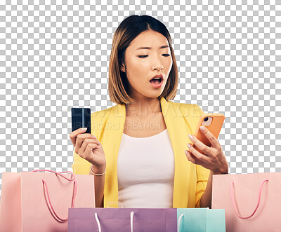 Credit card, phone and woman stress, surprise or shocked for onl