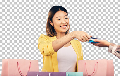 Buy stock photo Card machine, shopping bag and woman POS, online payment and digital service or fashion fintech. Retail credit and cashier hands, asian customer point of sale isolated on a transparent png background