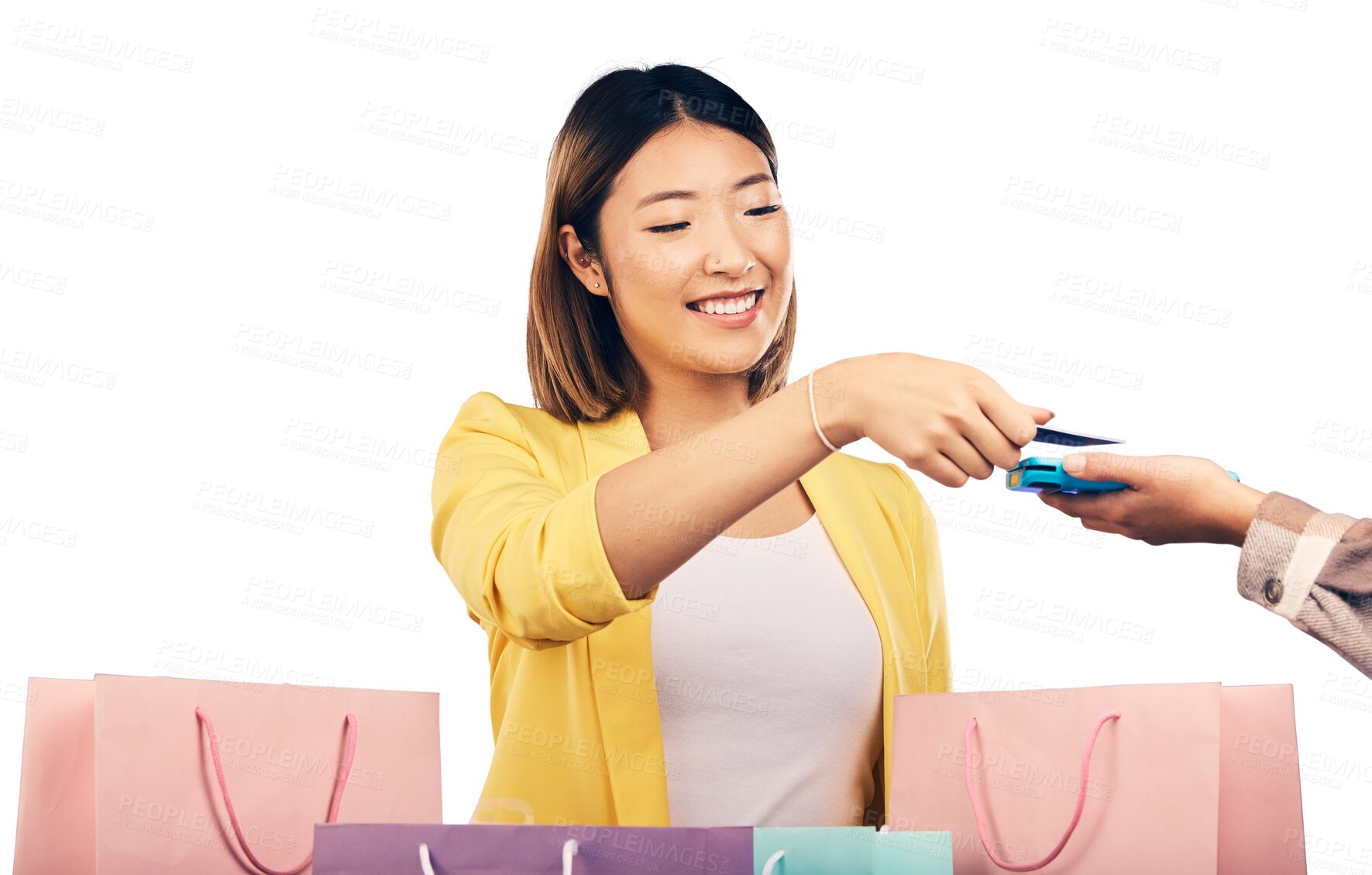 Buy stock photo Card machine, shopping bag and woman POS, online payment and digital service or fashion fintech. Retail credit and cashier hands, asian customer point of sale isolated on a transparent png background