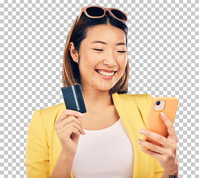 Buy stock photo Credit card, phone and woman with online shopping, e commerce and fintech payment or loan news. Excited asian person on mobile for banking app and debit success isolated on transparent png background