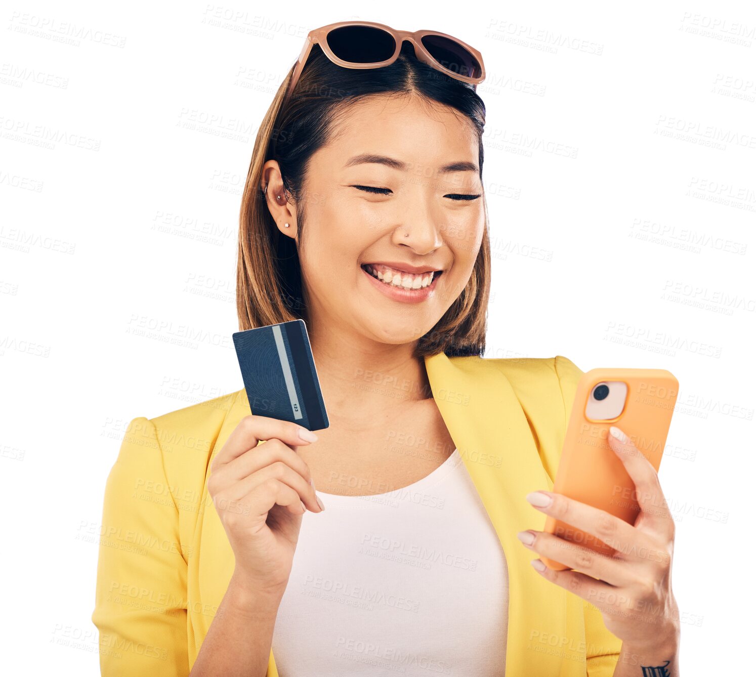 Buy stock photo Credit card, phone and woman with online shopping, e commerce and fintech payment or loan news. Excited asian person on mobile for banking app and debit success isolated on transparent png background