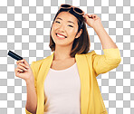 Credit card, sunglasses portrait and woman shopping, retail bank