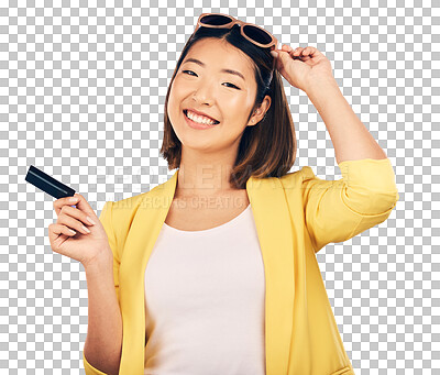 Buy stock photo Happy, credit card and woman with sunglasses, sale or deal on isolated, transparent and png background. Shopping, face and Japanese female customer with fashion, retail or discount and promotion 