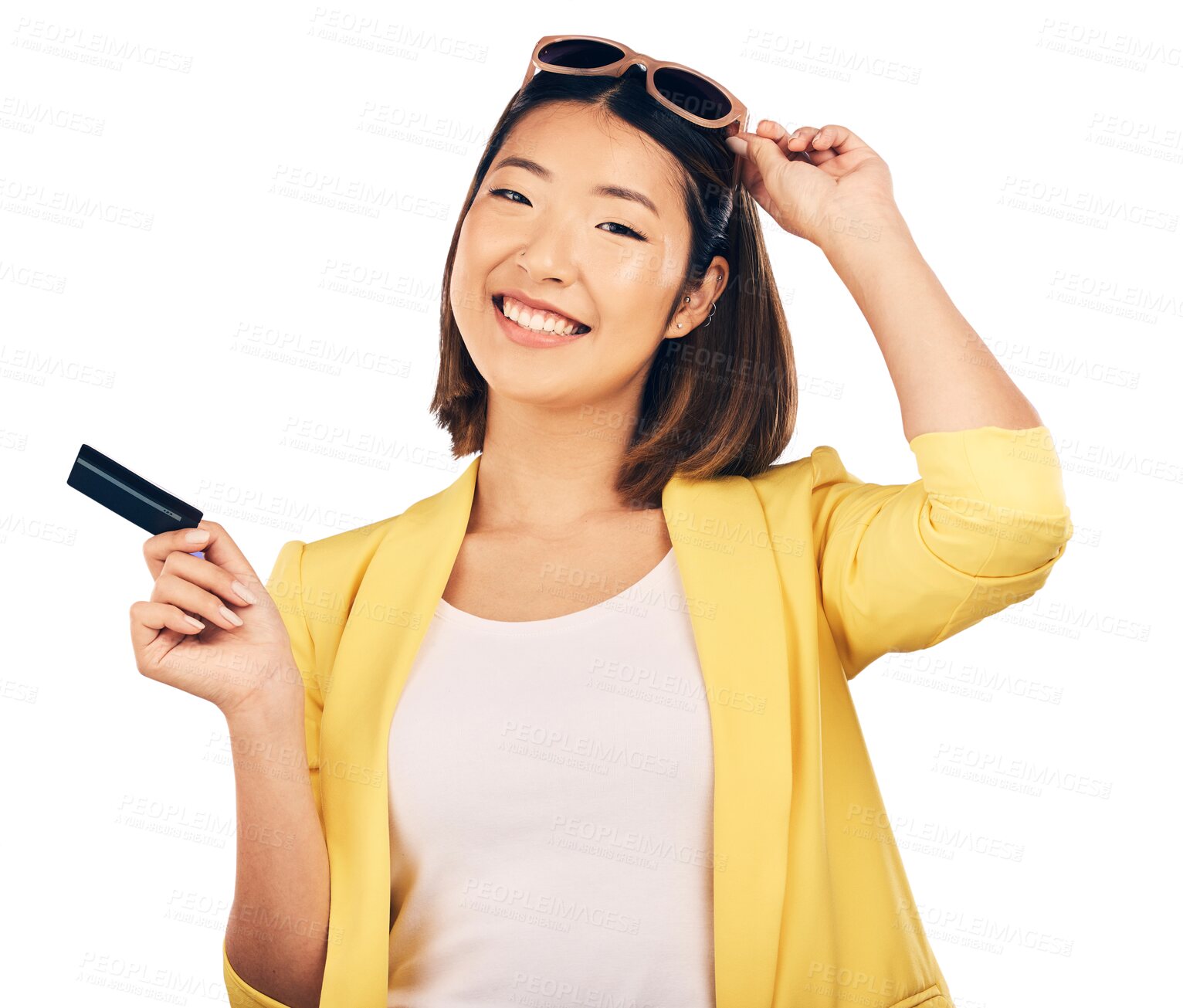 Buy stock photo Happy, credit card and woman with sunglasses, sale or deal on isolated, transparent and png background. Shopping, face and Japanese female customer with fashion, retail or discount and promotion 