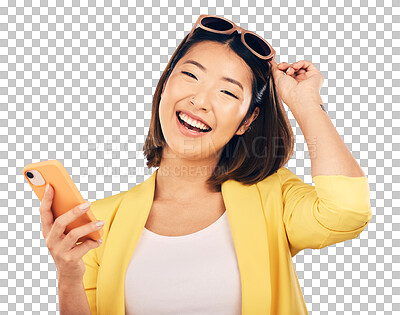 Buy stock photo Happy woman, asian and phone in fashion for communication in studio isolated on a png transparent background. Portrait, person and smile for networking or stylish clothing on mobile smartphone app