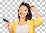 Credit card, shopping portrait and woman in sunglasses, retail b