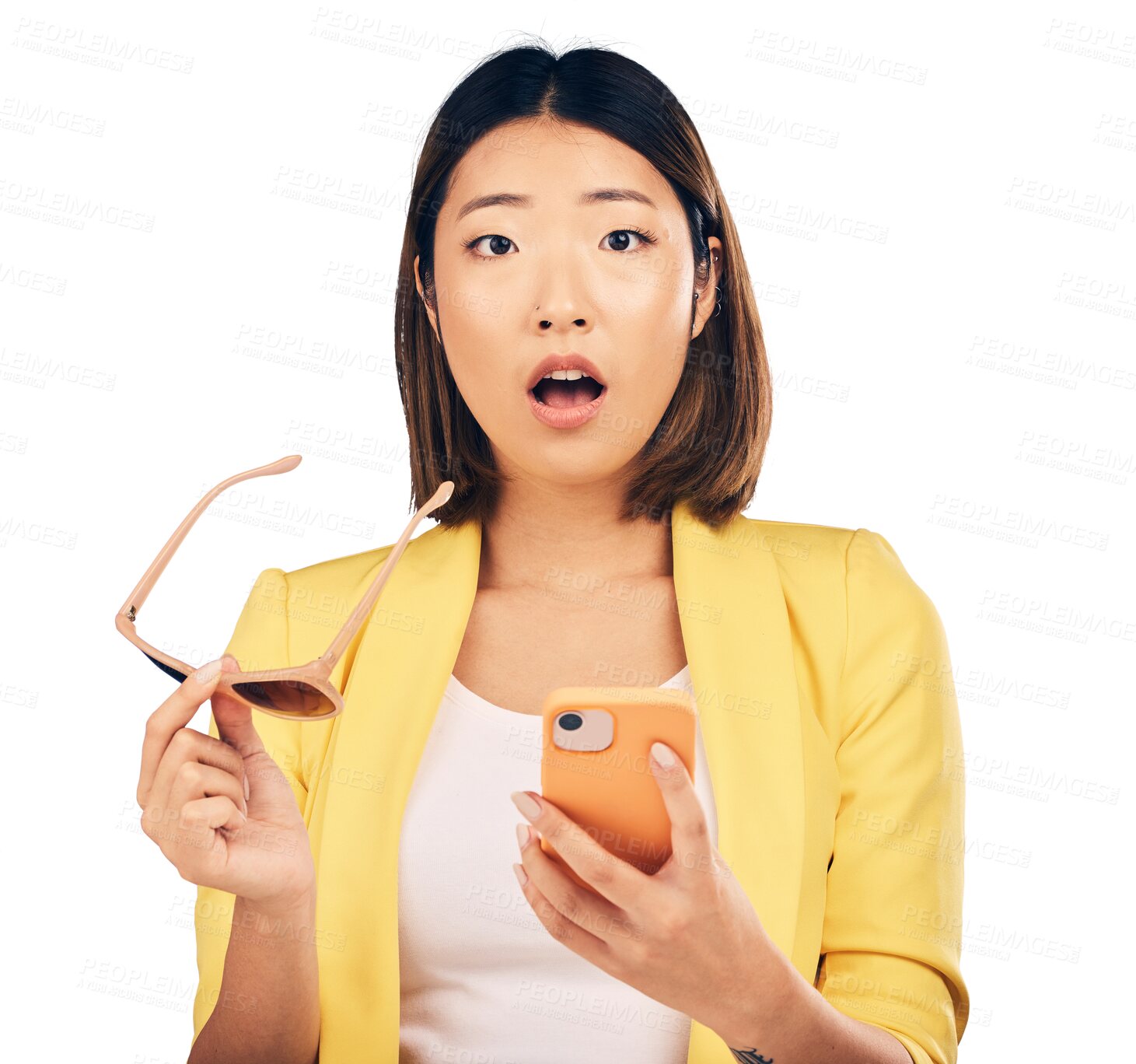 Buy stock photo Woman, sunglasses and wow for phone news, announcement or summer sale, deal or discount. Shocked portrait of asian person on mobile chat or reading social media isolated on transparent png background