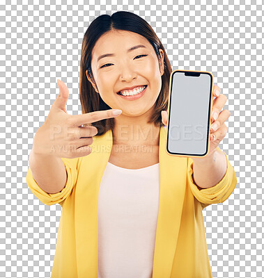 Buy stock photo Asian woman, student and phone screen for social media mockup, e learning offer and news or happy sale. Portrait of person in Korea with mobile app presentation isolated on transparent png background