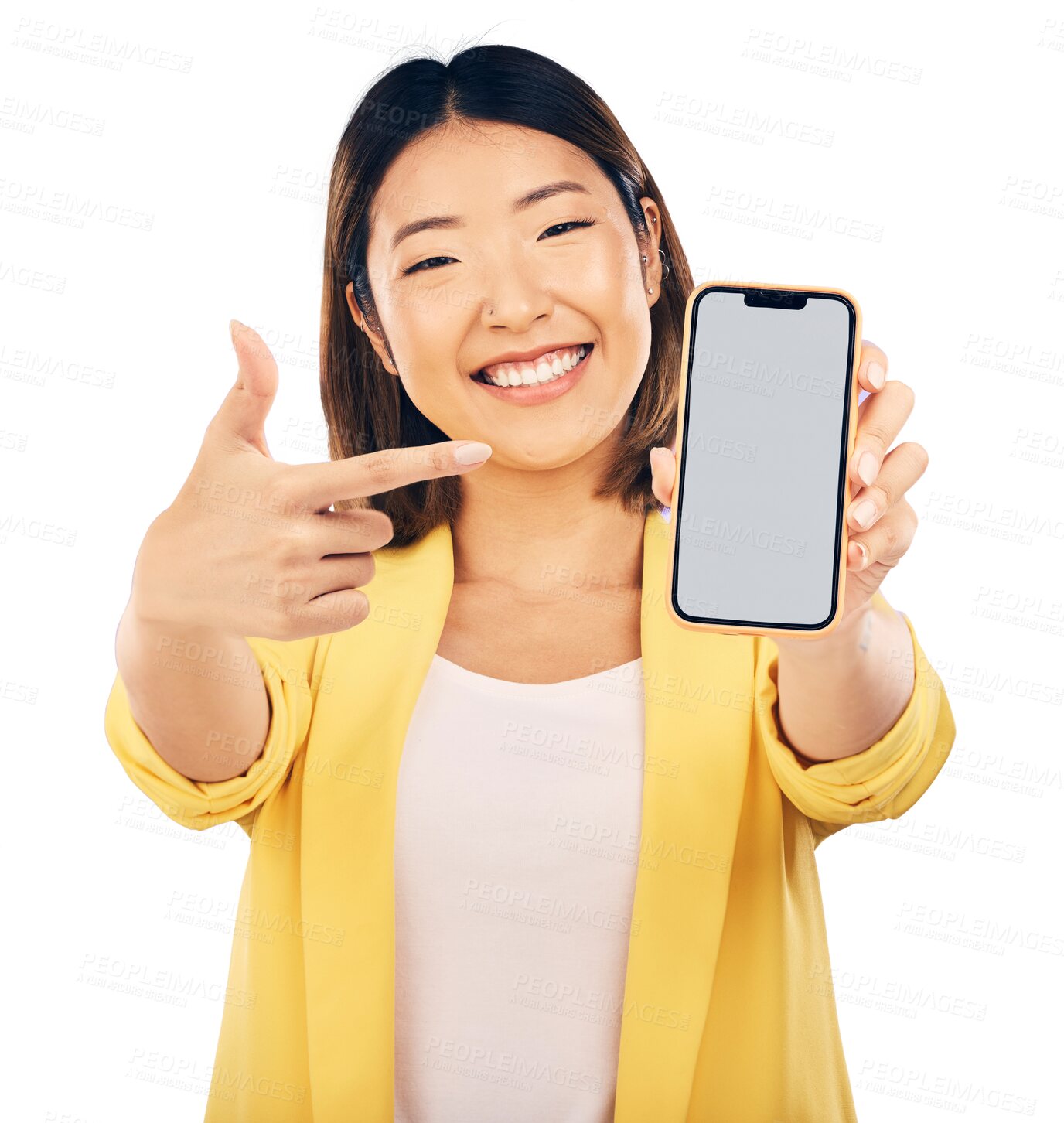 Buy stock photo Asian woman, student and phone screen for social media mockup, e learning offer and news or happy sale. Portrait of person in Korea with mobile app presentation isolated on transparent png background