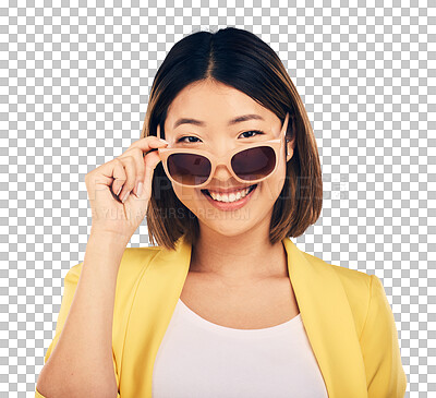 Happy asian woman, portrait and sunglasses for fashion or stylis