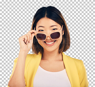 Buy stock photo Sunglasses, fashion and portrait of happy asian woman with trendy clothes on isolated, transparent and png background.  glasses, frame and face of Japanese female model smile, style and confidence