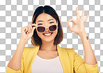 Happy asian woman, portrait and sunglasses, OK sign or fashion a