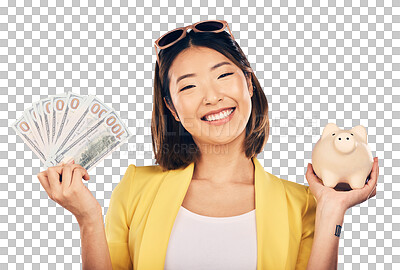 Buy stock photo Woman, student and piggy bank for money, savings and financial investment or profit and budget success. Portrait of Asian person for banking notes, cash or safe isolated on transparent png background