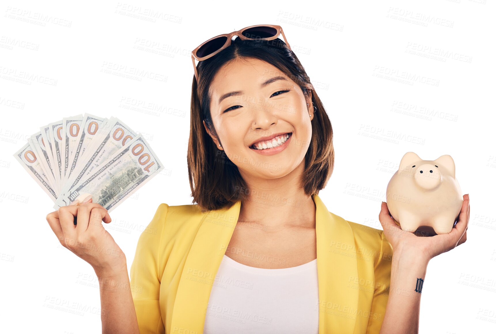 Buy stock photo Woman, student and piggy bank for money, savings and financial investment or profit and budget success. Portrait of Asian person for banking notes, cash or safe isolated on transparent png background