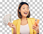 Cash, phone and happy woman for winning finance, online savings