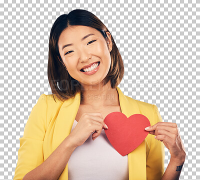 Buy stock photo Happy, paper heart and portrait of Asian woman with care, valentines day or support for emotion. Smile, kindness and young Japanese female model with love sign isolated by transparent png background.