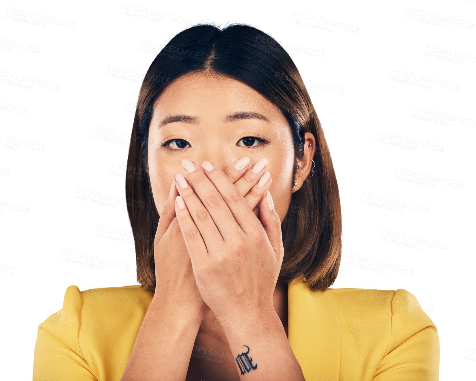 Buy stock photo Shock, hands cover mouth and woman in portrait with surprise reaction isolated on png transparent background. Wow, alarm and danger with fear, mind blowing announcement or news with drama and alert