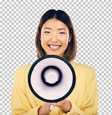 Buy stock photo Discount, portrait or happy Asian woman with megaphone isolated on transparent png background. Face, speaker or girl with speaking on mic for a fashion announcement, breaking news or communication 