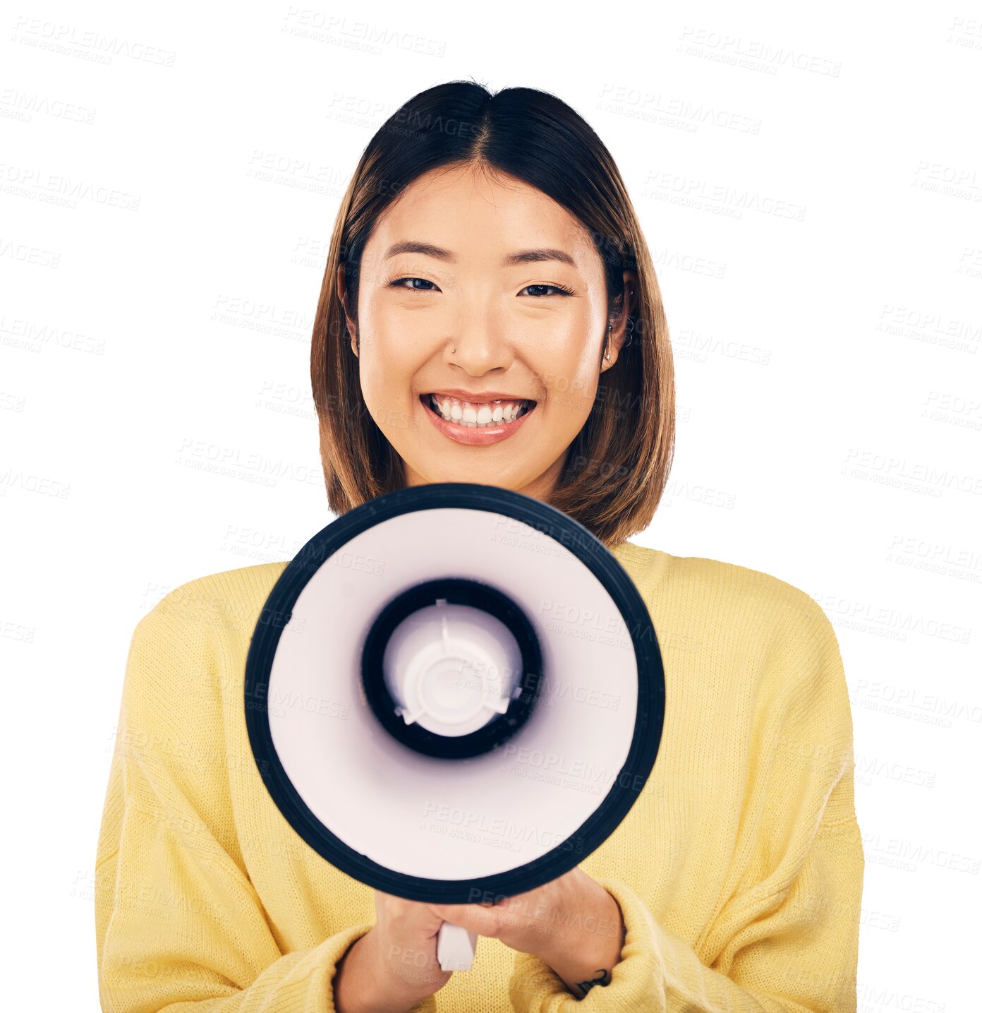 Buy stock photo Discount, portrait or happy Asian woman with megaphone isolated on transparent png background. Face, speaker or girl with speaking on mic for a fashion announcement, breaking news or communication 