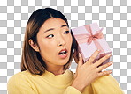 Thinking, gift and box with face of asian woman in studio for bi