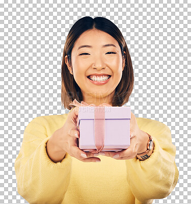 Portrait, smile and Asian woman with a gift, box and celebration