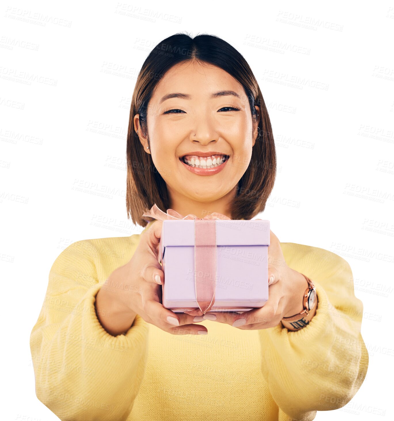 Buy stock photo Charity, gift and portrait of woman with box, offer or donation on isolated, transparent or png background. Congratulations, present or face of happy Japanese lady model giving deal, prize or package