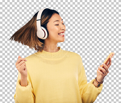 Headphones, music and Asian woman dance with phone in studio for