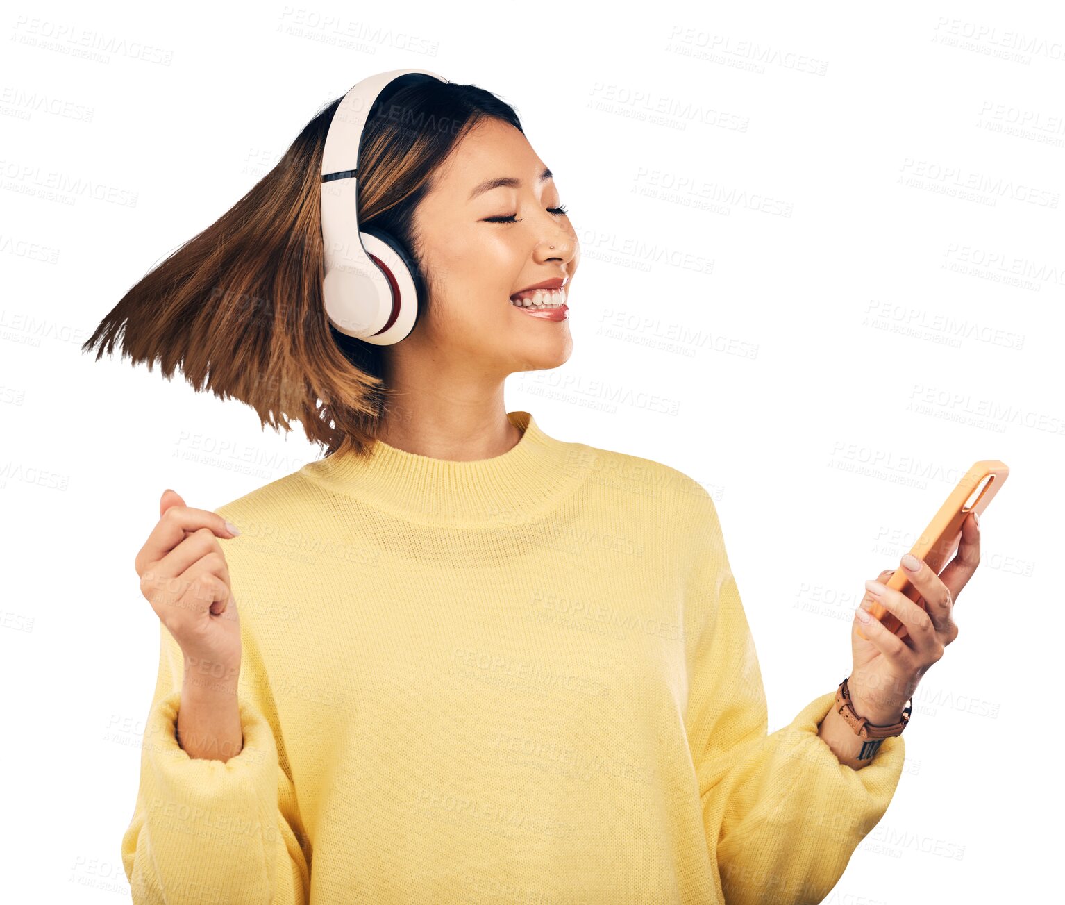 Buy stock photo Headphones, mobile app or happy Asian woman listening to music isolated on transparent PNG background. Dance, energy or excited person streaming a radio song, sound or audio on online subscription 